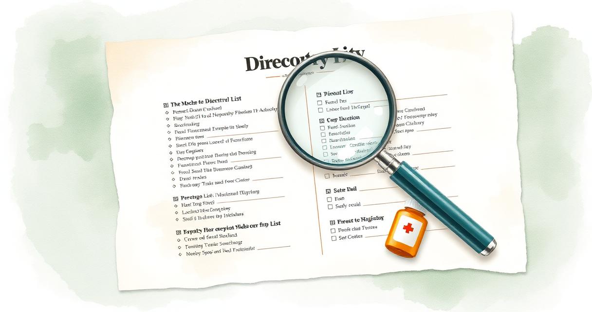 Watercolor illustration of a magnifying glass over a provider directory and a pill bottle