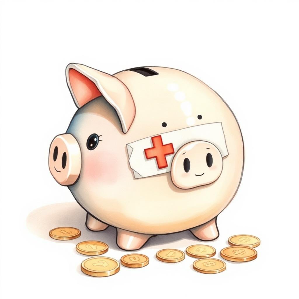 Watercolor illustration of a piggy bank with a small bandage, surrounded by coins
