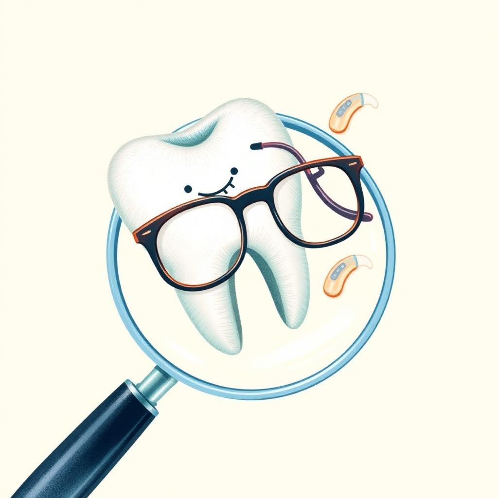 Watercolor illustration of a tooth wearing glasses with a hearing aid, viewed through a magnifying glass