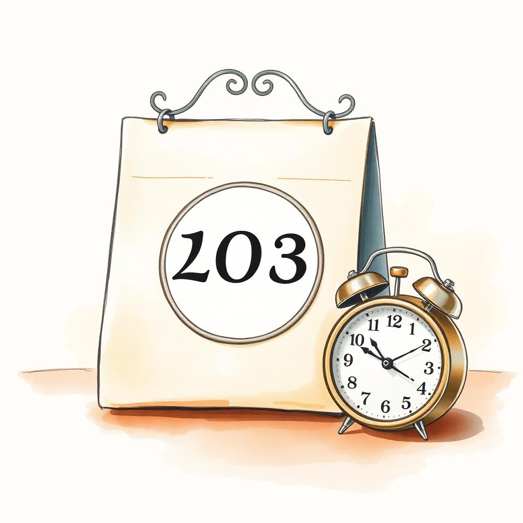 Watercolor illustration of a vintage calendar and an alarm clock