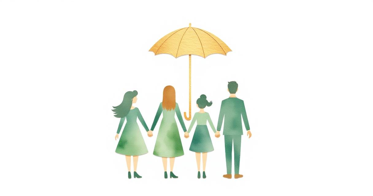 Watercolor illustration of a paper-cutout family under a gold umbrella