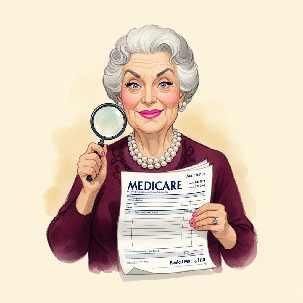 Whimsical illustration of an elegant elderly woman in pearls examining a Medicare bill with a magnifying glass