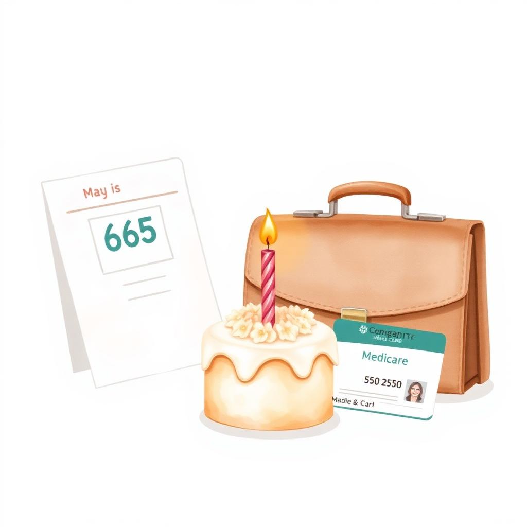 Watercolor illustration of a 65th birthday cake beside a briefcase and Medicare card