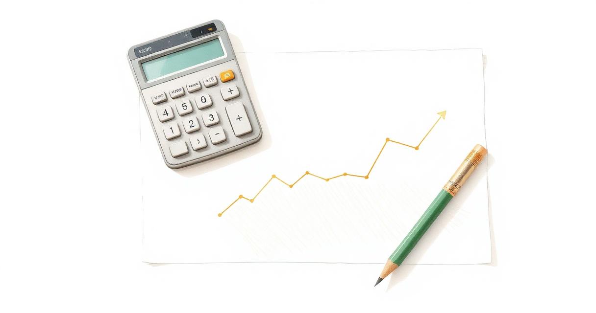 Watercolor illustration of a calculator and pencil beside a line chart