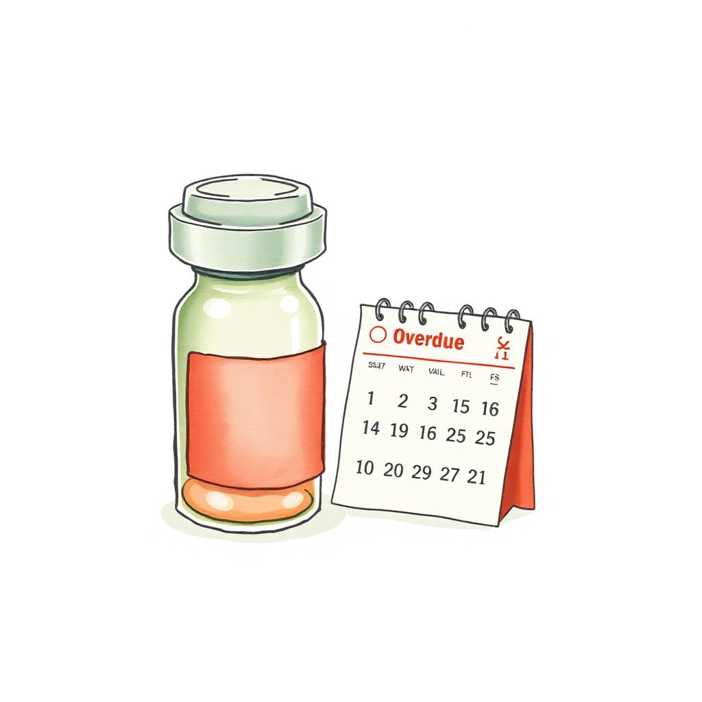Watercolor illustration of a vintage prescription pill bottle beside an overdue-stamped calendar page