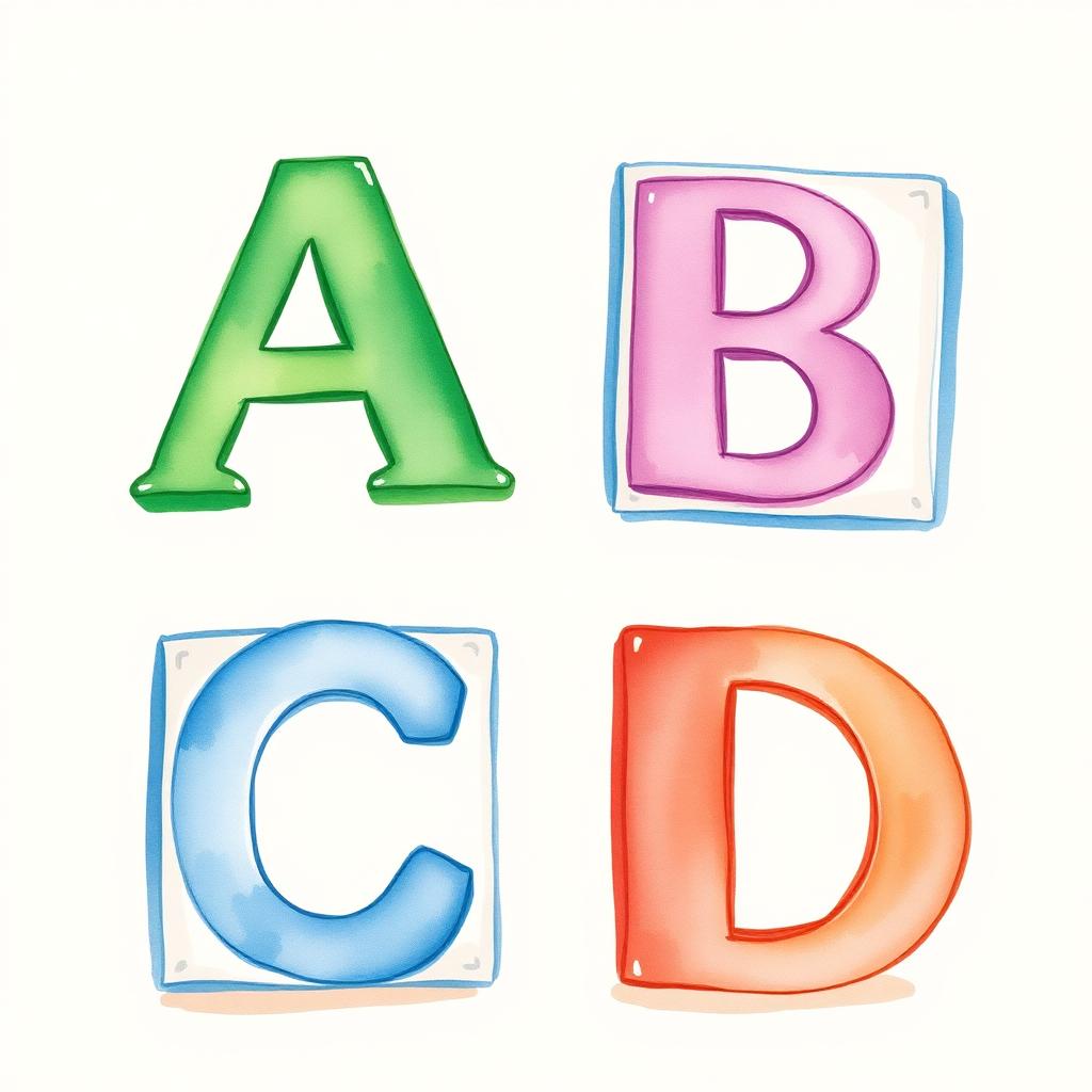 Watercolor illustration of four colorful letter blocks A, B, C, D arranged like Medicare cards