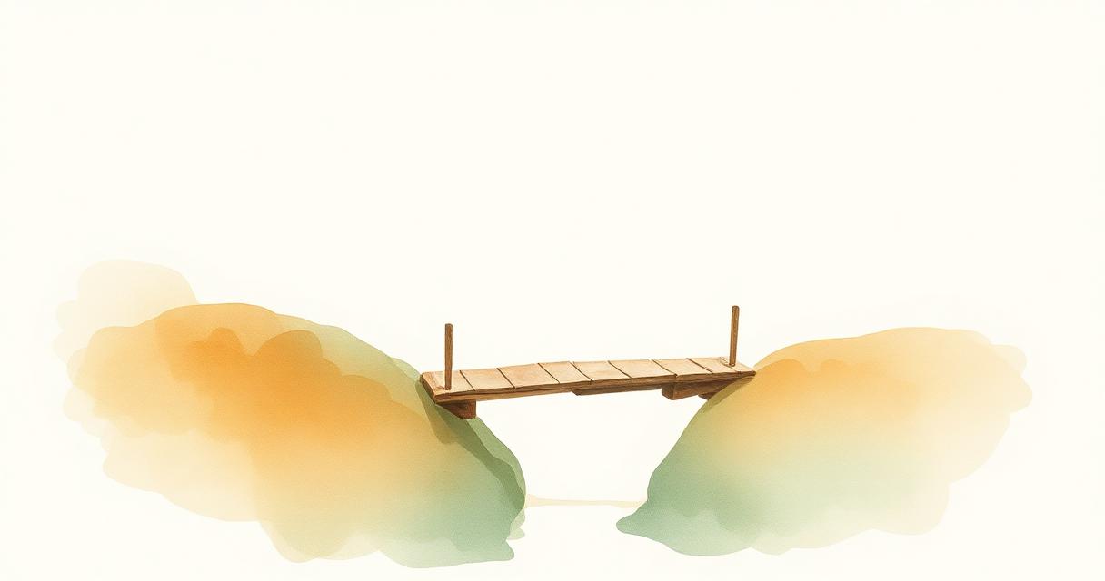 Watercolor illustration of a small wooden footbridge crossing a gap