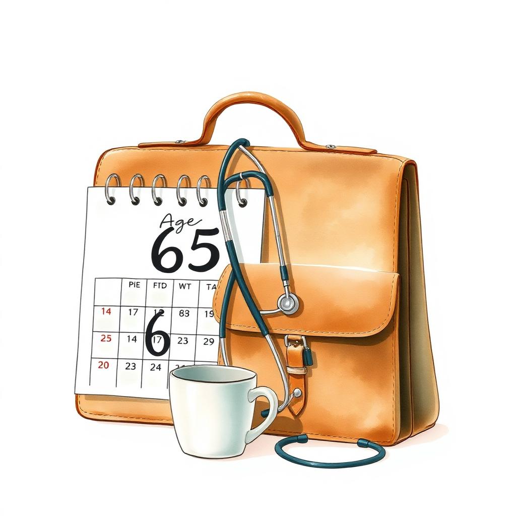 Watercolor illustration of a leather briefcase beside a calendar marked age 65, with a stethoscope and coffee mug