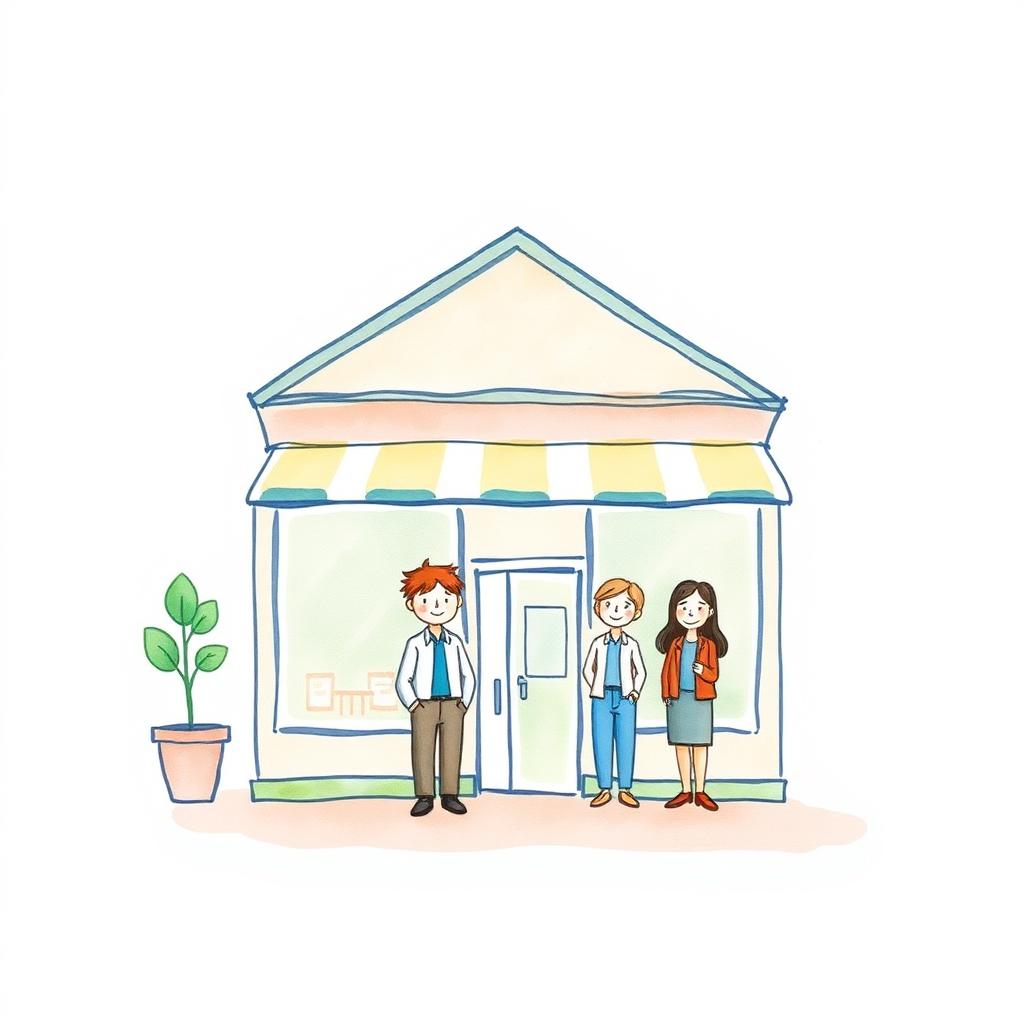 Watercolor illustration of a small storefront with employees out front