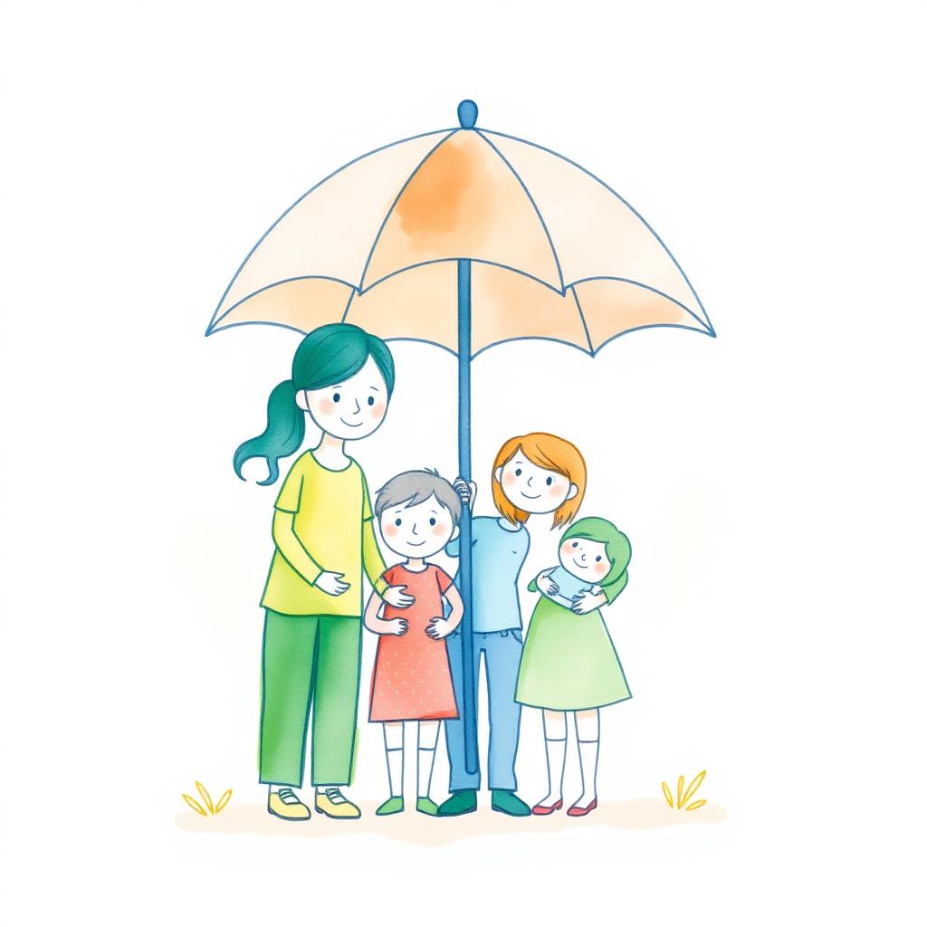 Watercolor illustration of a family sheltered under an umbrella