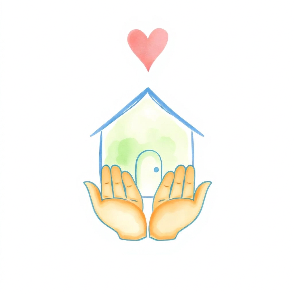Watercolor illustration of cupped hands holding a house with a heart above