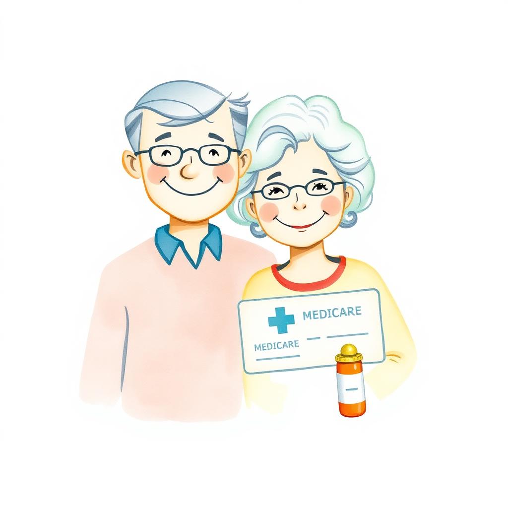 Watercolor illustration of a smiling senior couple with a Medicare card